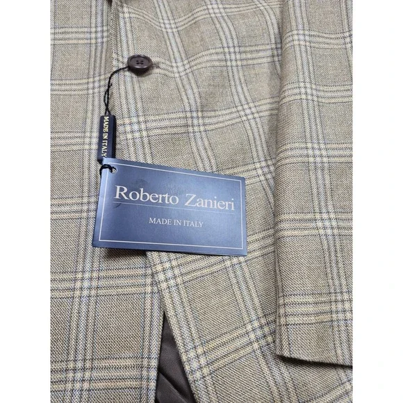 Roberto Zanieri Blazer Sport Coat Mens 44 Beige 100% Wool Plaid Made In Italy